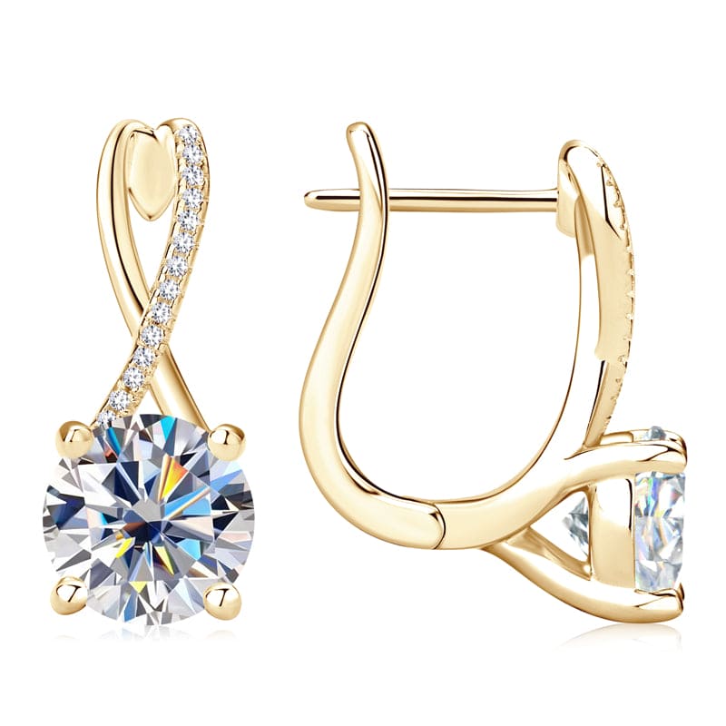 Couple view of Moissanite Drop Earrings with secure gold clasp